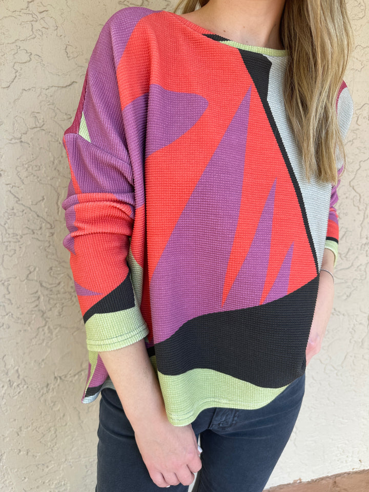 Andrea Geer Thermal Knit Crop Boxy Top - Multi Print