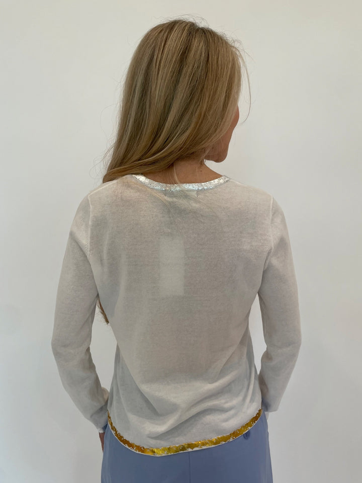 Peace of Cloth Black Sasha Long Sleeve Crew Top With Foil Trim available at Barbara Katz