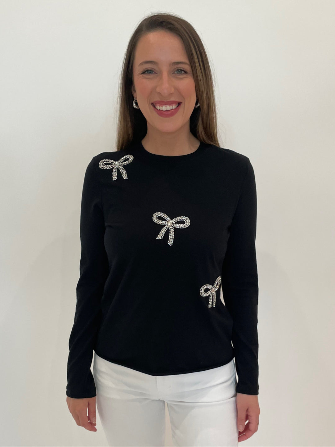 Suzy T Juliet Tee With Crystal Bows in Black available at Barbara Katz