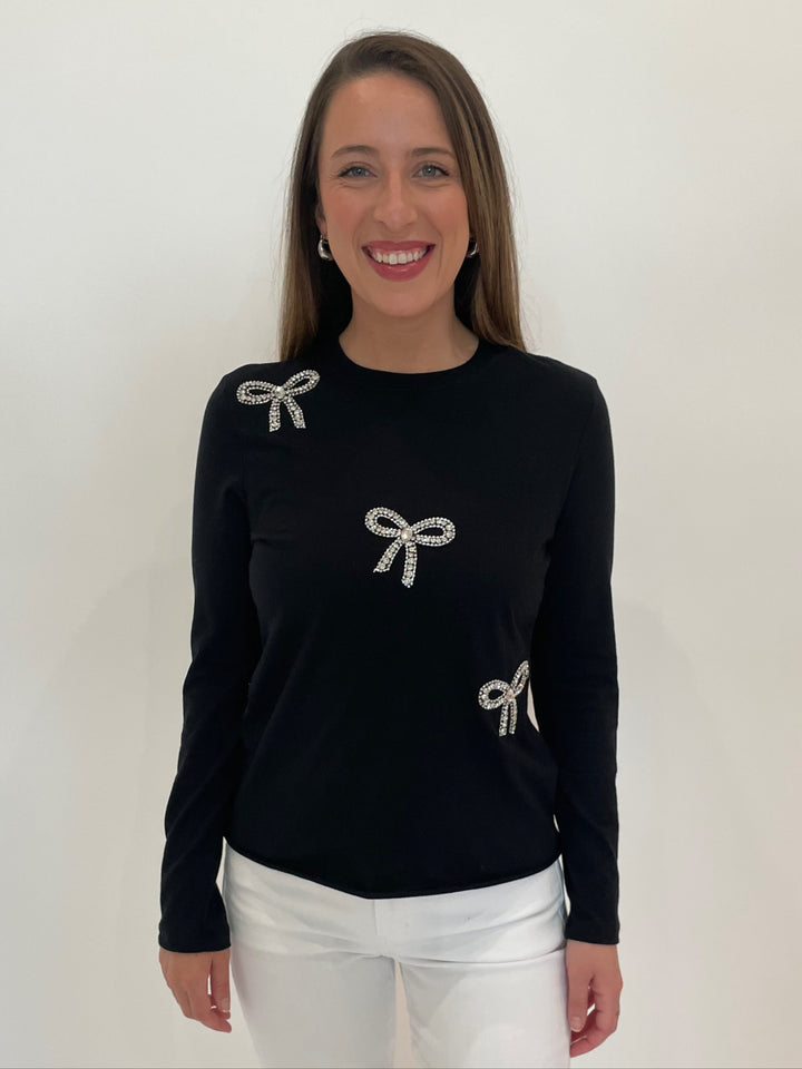 Suzy T Juliet Tee With Crystal Bows in Black available at Barbara Katz