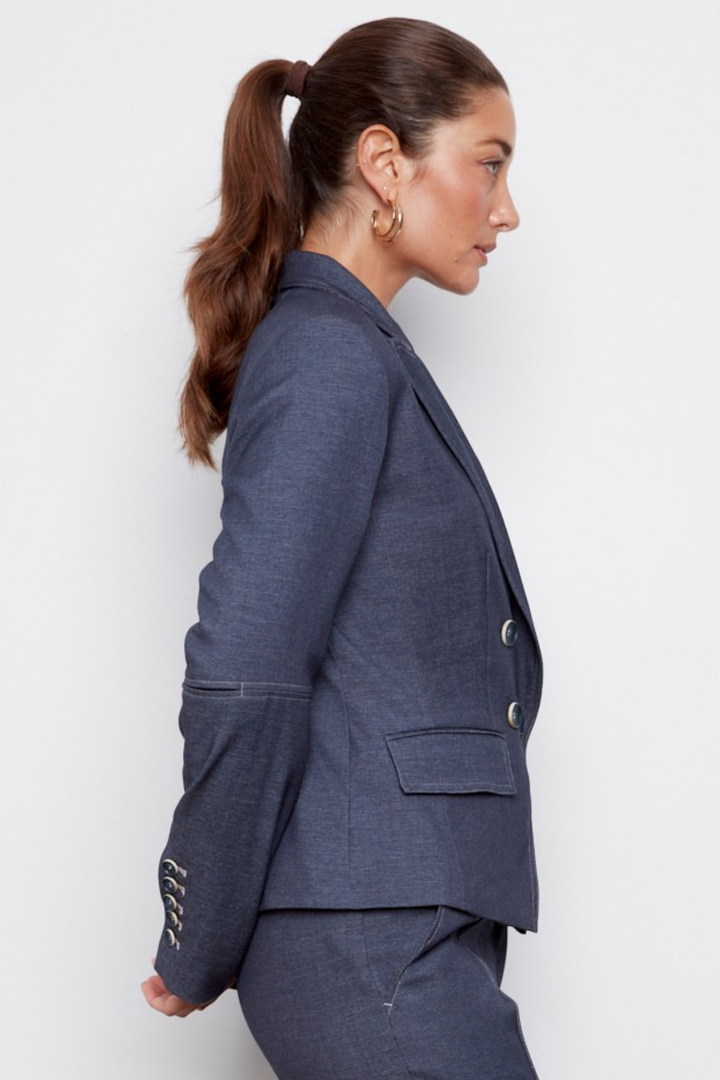 Adroit Atelier Carlisle Double Breasted Stretch Signature Blazer in Navy available at Barbara Katz