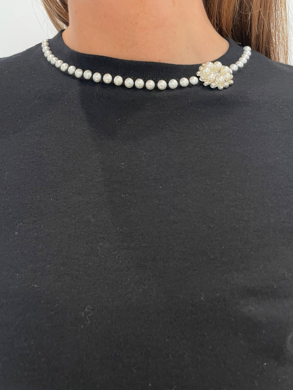 Suzy T Pearl Detail Crew Top in Black available at Barbara Katz