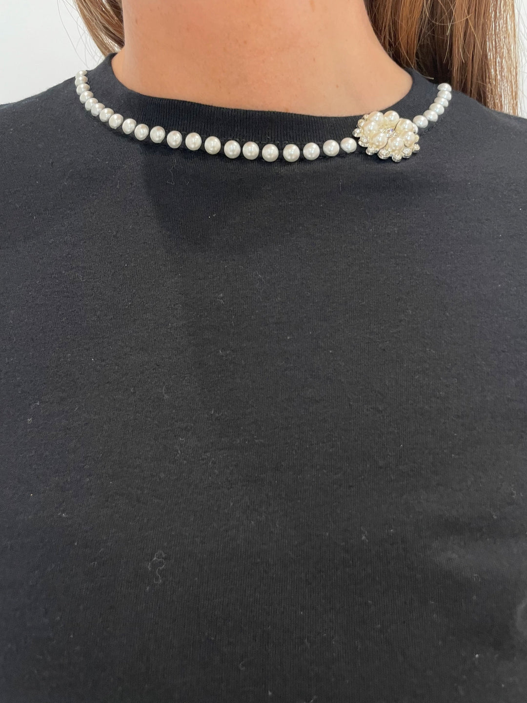 Suzy T Pearl Detail Crew Top in Black available at Barbara Katz