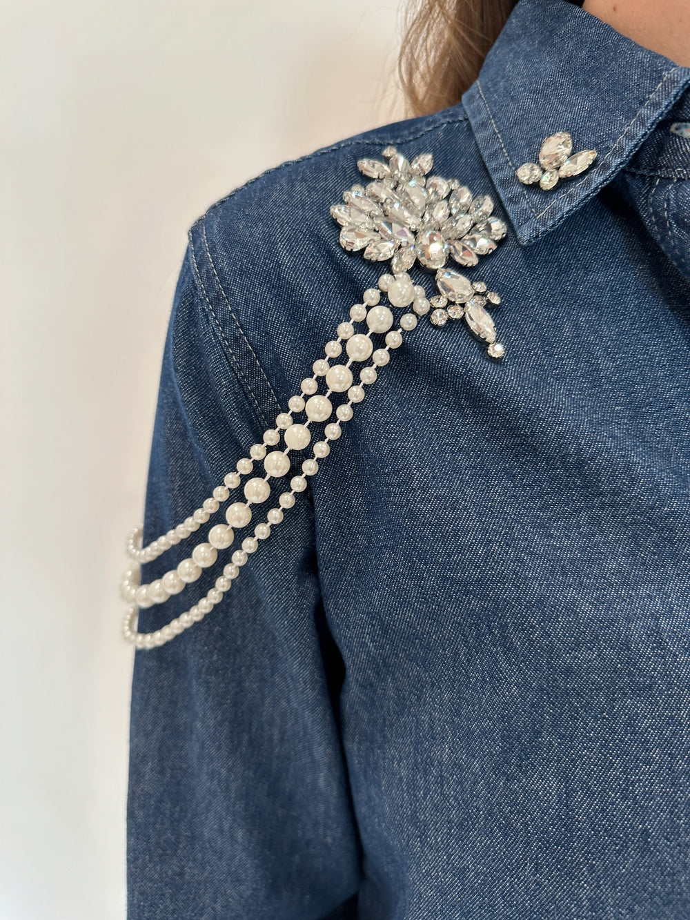 Suzy T Esther Denim Shirt With Pearls available at Barbara Katz
