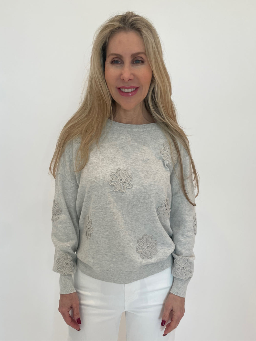 J Society Embroidered Flower Sweater in Silver available at Barbara Katz
