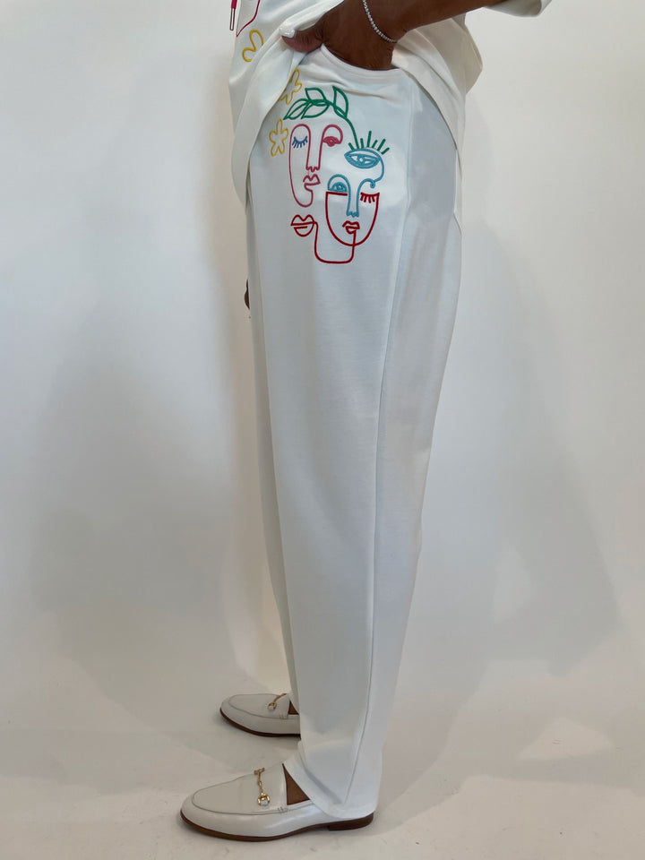 Leo & Ugo Dominic Faces Pull-On Pants in White/Multi available at Barbara Katz