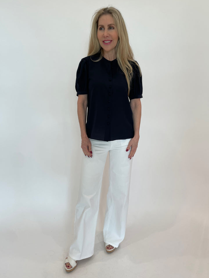 Frame The Silk Gathered Top in Navy paired with Frame Le Slim Palazzo Jeans in Whiteavailable at Barbara Katz