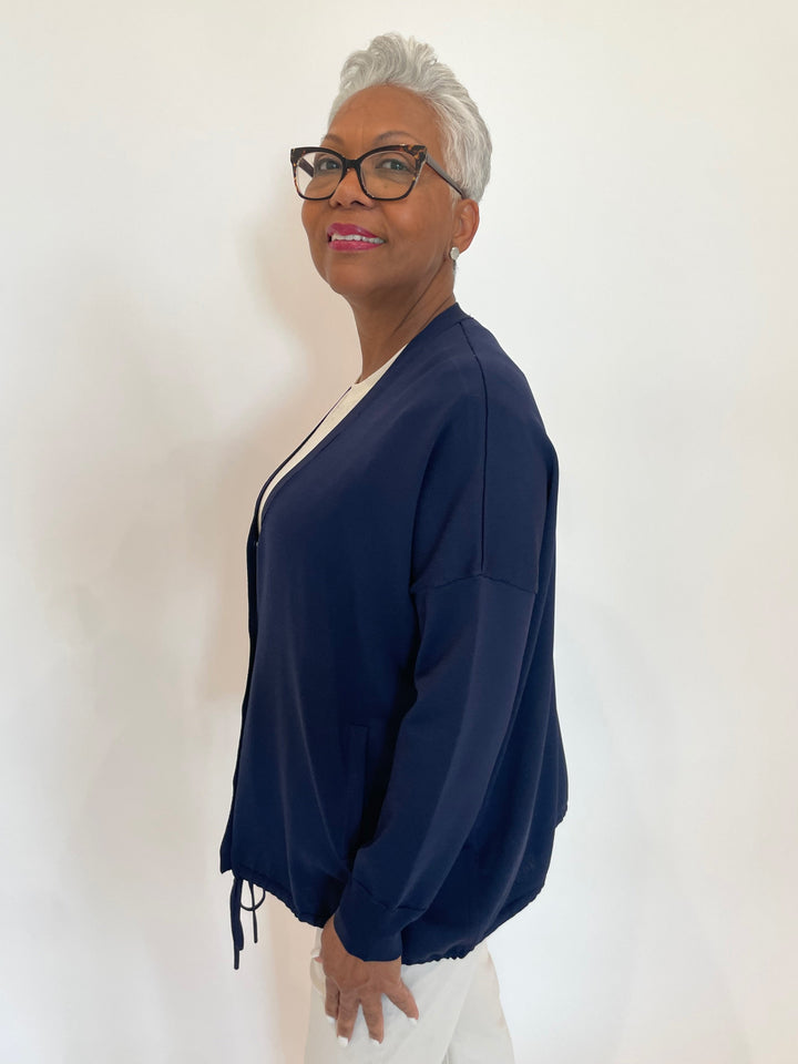 Billie Susana Long Sleeve Knit Boxy Drawstring Cardigan in Navy available at Barbara Katz