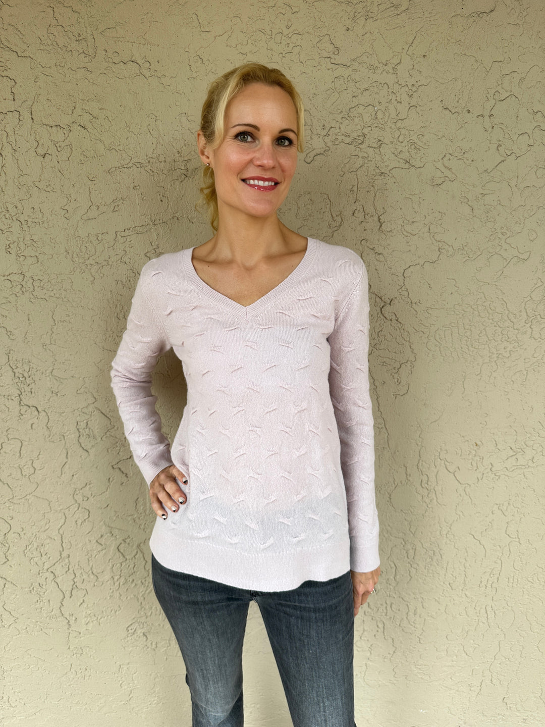 Novelty Stitch V Neck Sweater Blush Barbara Katz
