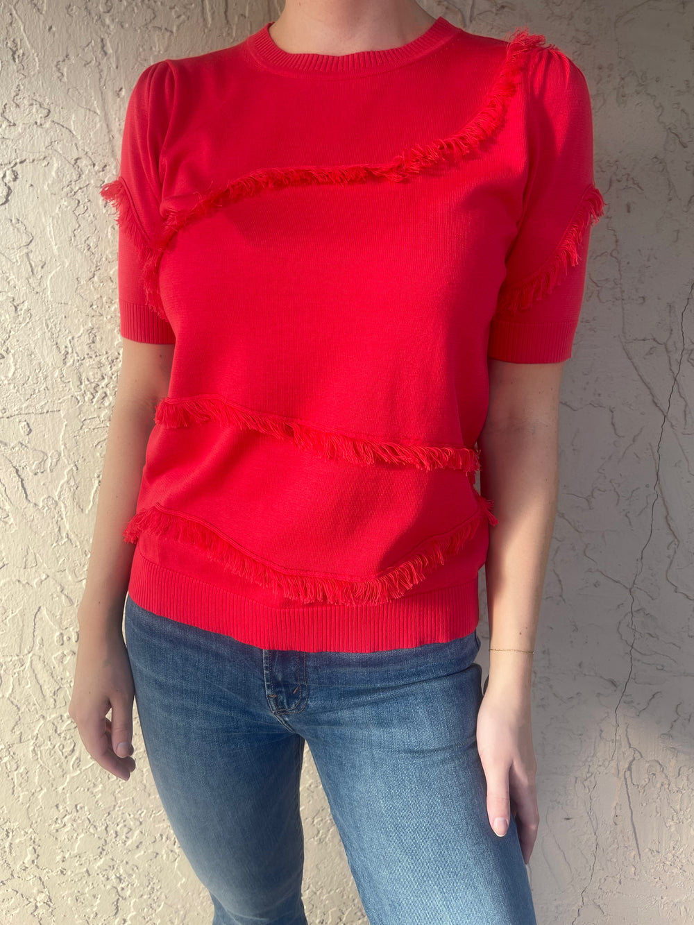 Edinburg Knitwear Fringe Tee - Lipstick