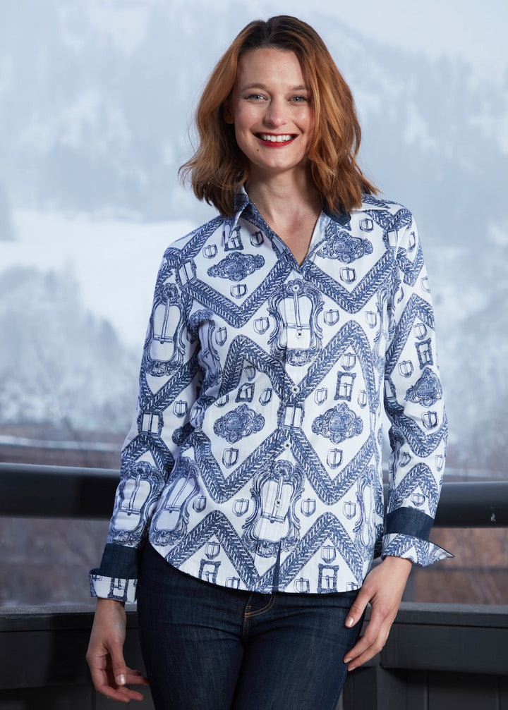 Dizzy-Lizzie Rome Long Sleeve Shirt - Navy Buckles Print available at Barbara Katz