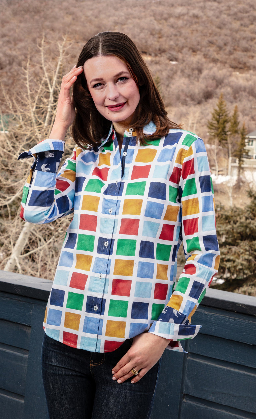 Dizzy-Lizzie Rome Long Sleeve Shirt - Multi Colored Boxes available at Barbara Katz