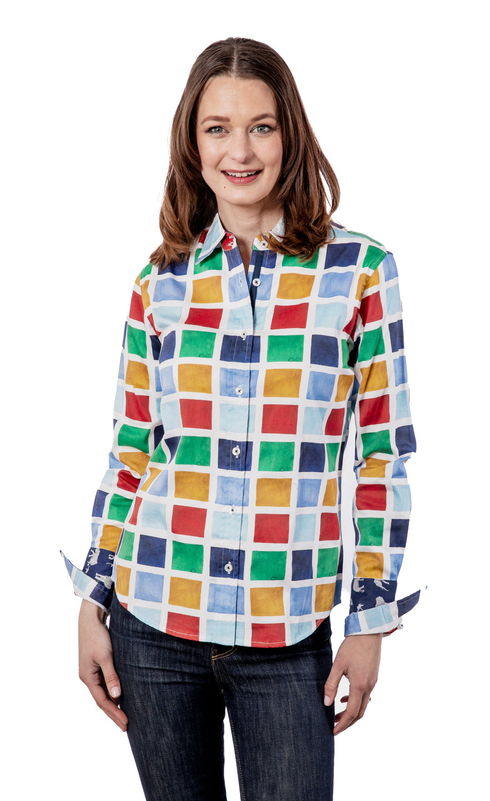 Dizzy-Lizzie Rome Long Sleeve Shirt - Multi Colored Boxes available at Barbara Katz