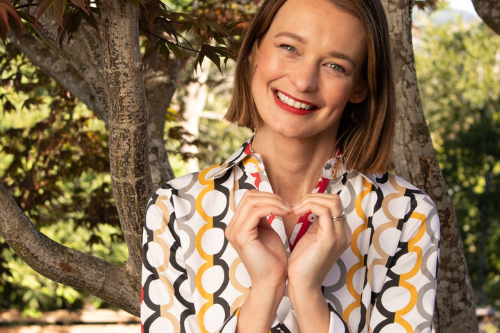 Dizzy-Lizzie Rome Long Sleeve Shirt - Fall Colors in Olympic Ring Print available at Barbara Katz