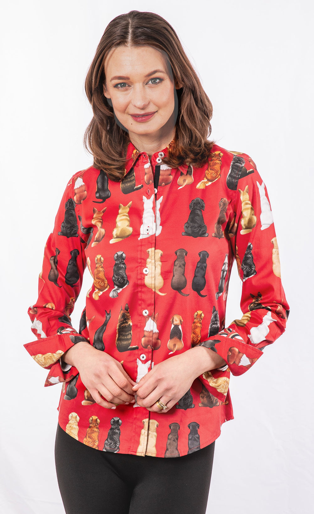 Dizzy-Lizzie Rome Long Sleeve Shirt - Doggies Waiting for Treats Red Ground available at Barbara Katz