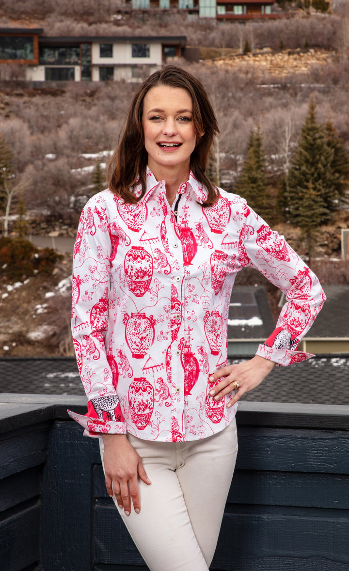 Dizzy-Lizzie Rome Long Sleeve Shirt - Pink White Chinoiserie available at Barbara Katz