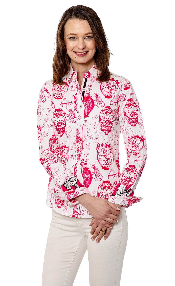 Dizzy-Lizzie Rome Long Sleeve Shirt - Pink White Chinoiserie available at Barbara Katz