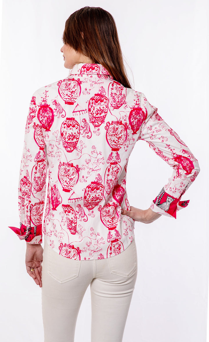Dizzy-Lizzie Rome Long Sleeve Shirt - Pink White Chinoiserie available at Barbara Katz