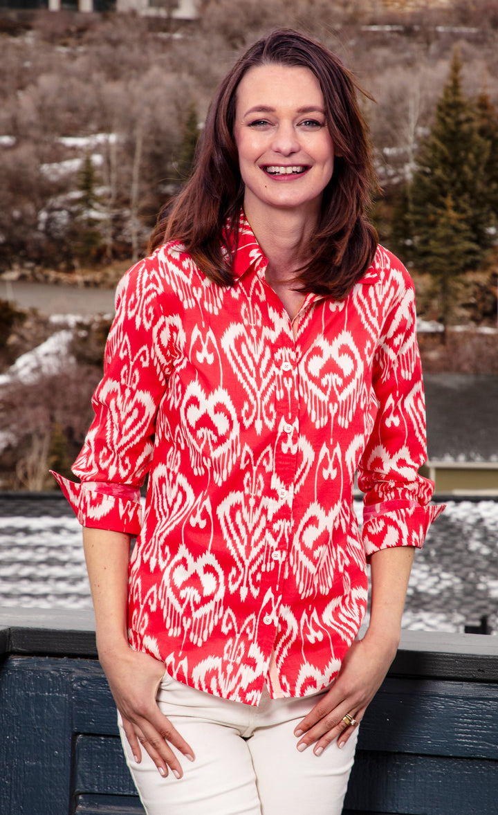 Dizzy-Lizzie Rome 3/4 Sleeve Shirt - Pink White Ikat available at Barbara Katz
