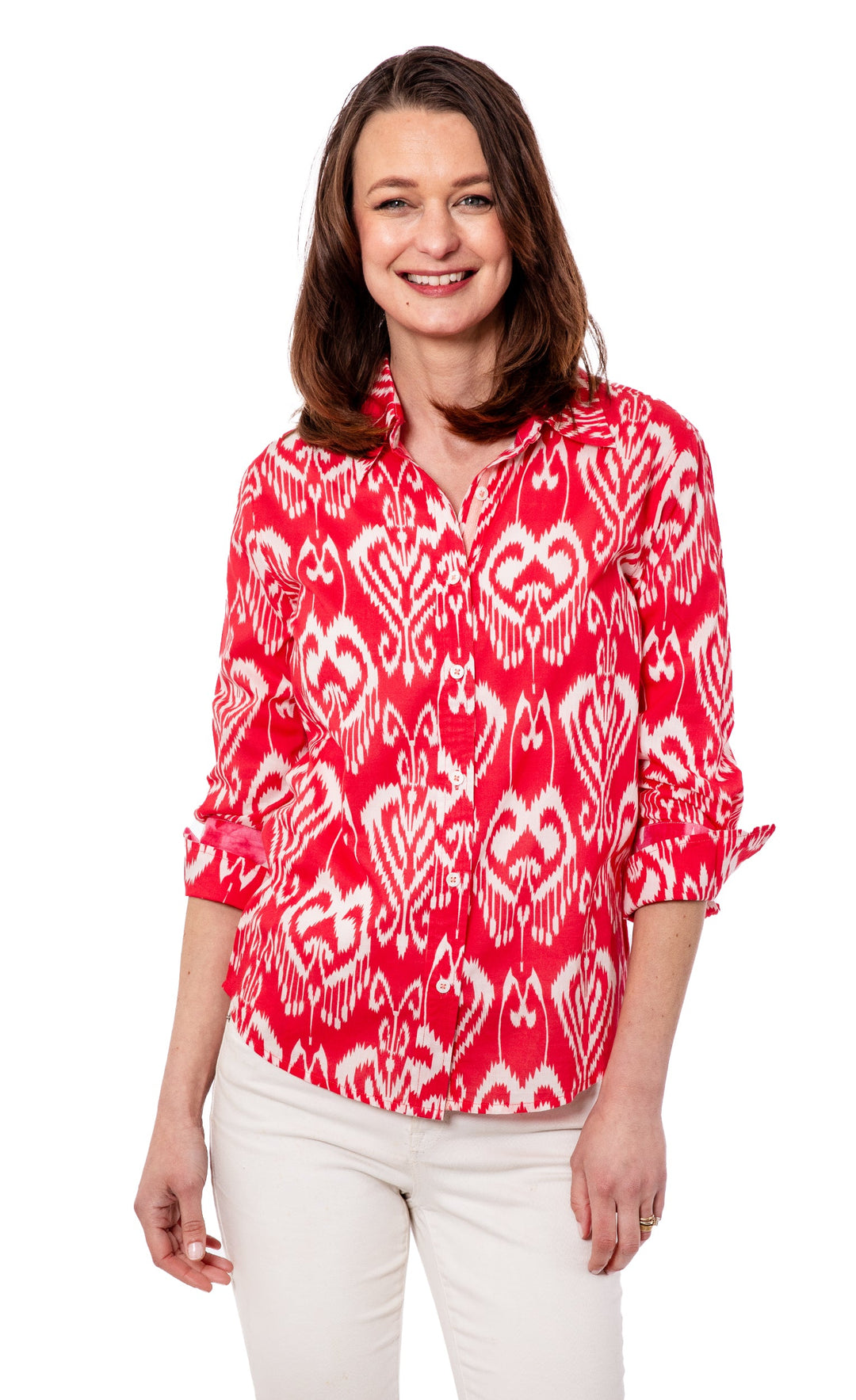Dizzy-Lizzie Rome 3/4 Sleeve Shirt - Pink White Ikat available at Barbara Katz