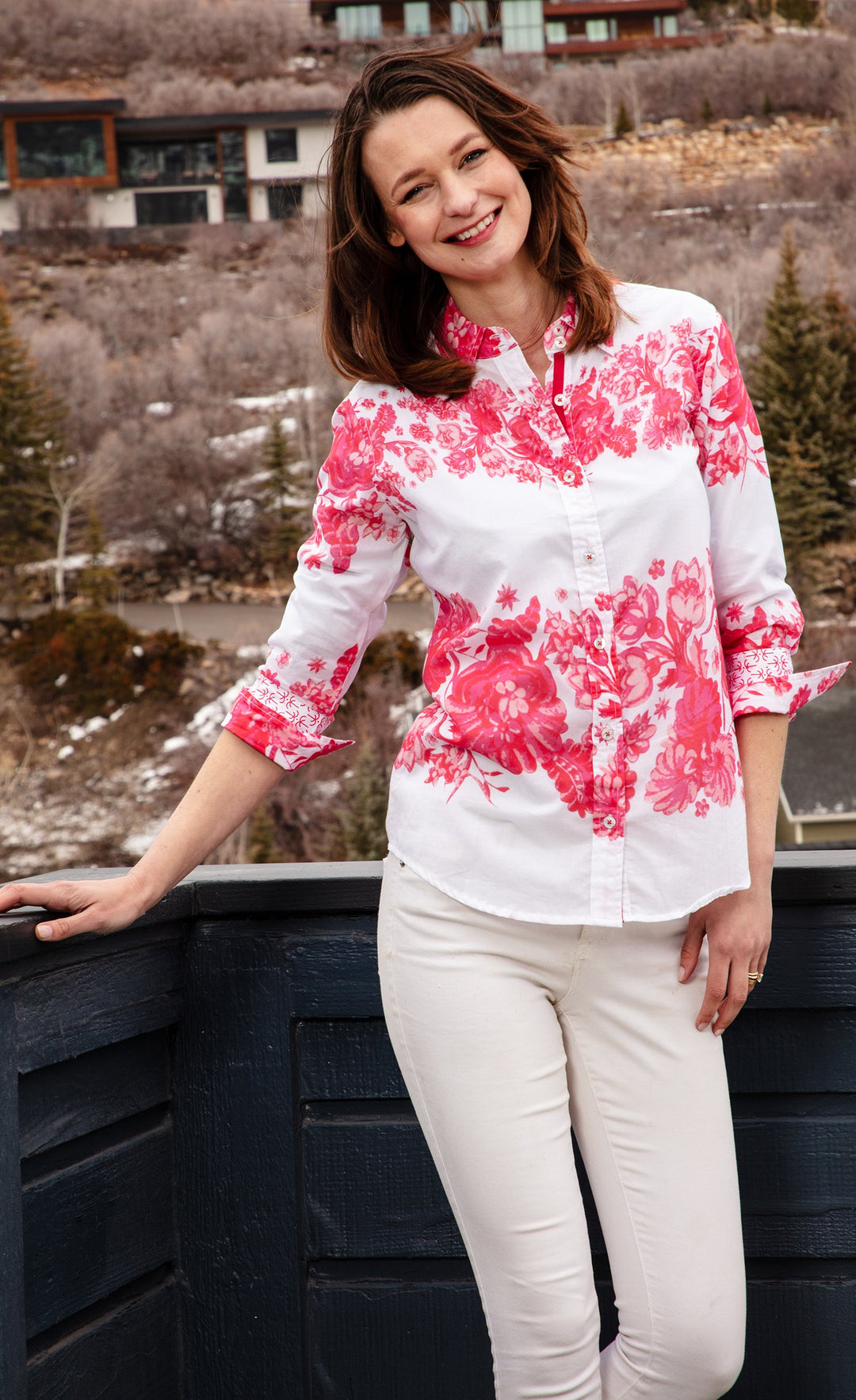 Dizzy-Lizzie Rome 3/4 Sleeve Shirt - Pink Floral available at Barbara Katz