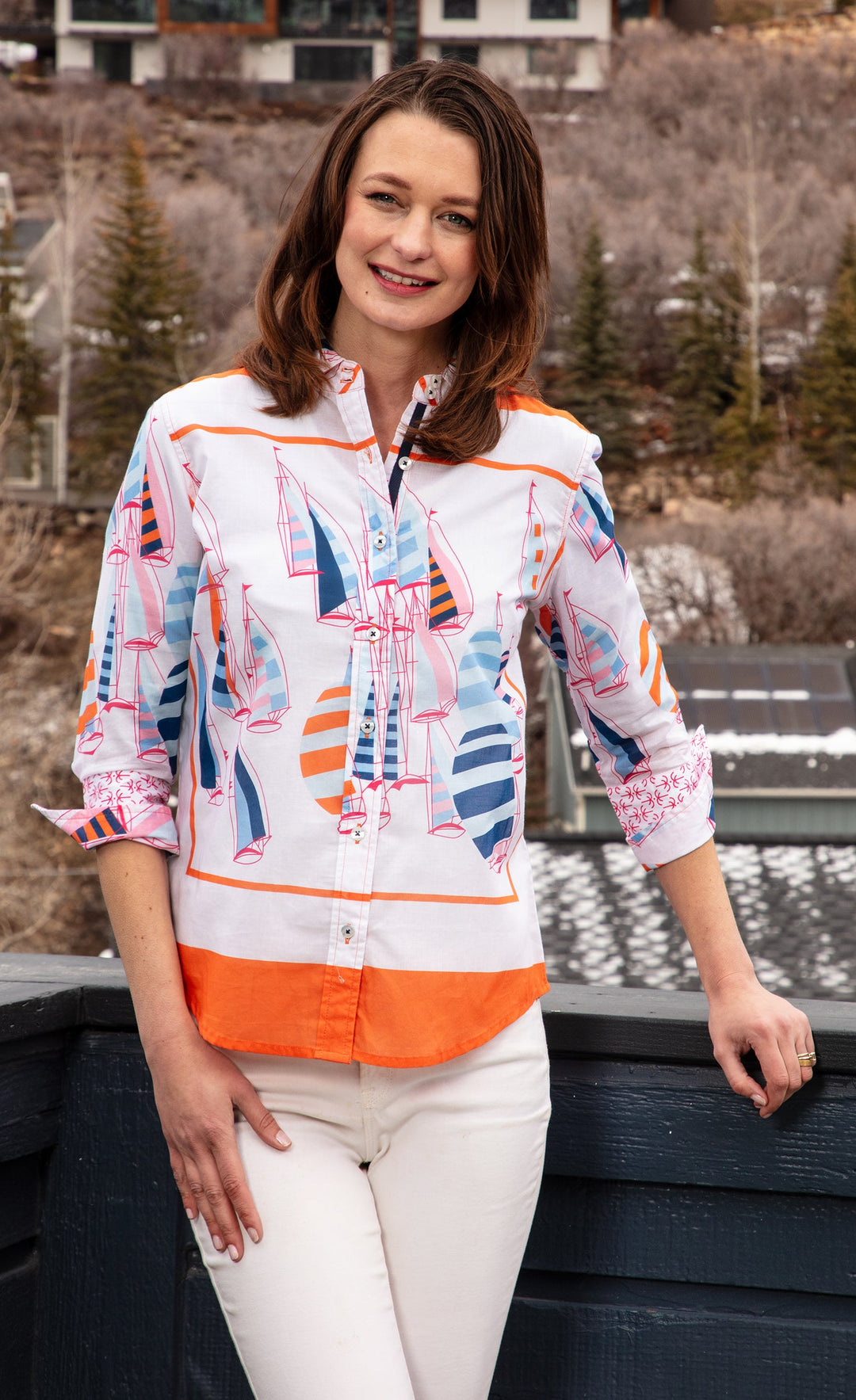 Dizzy-Lizzie Rome 3/4 Sleeve Shirt - Sailboats available at Barbara Katz