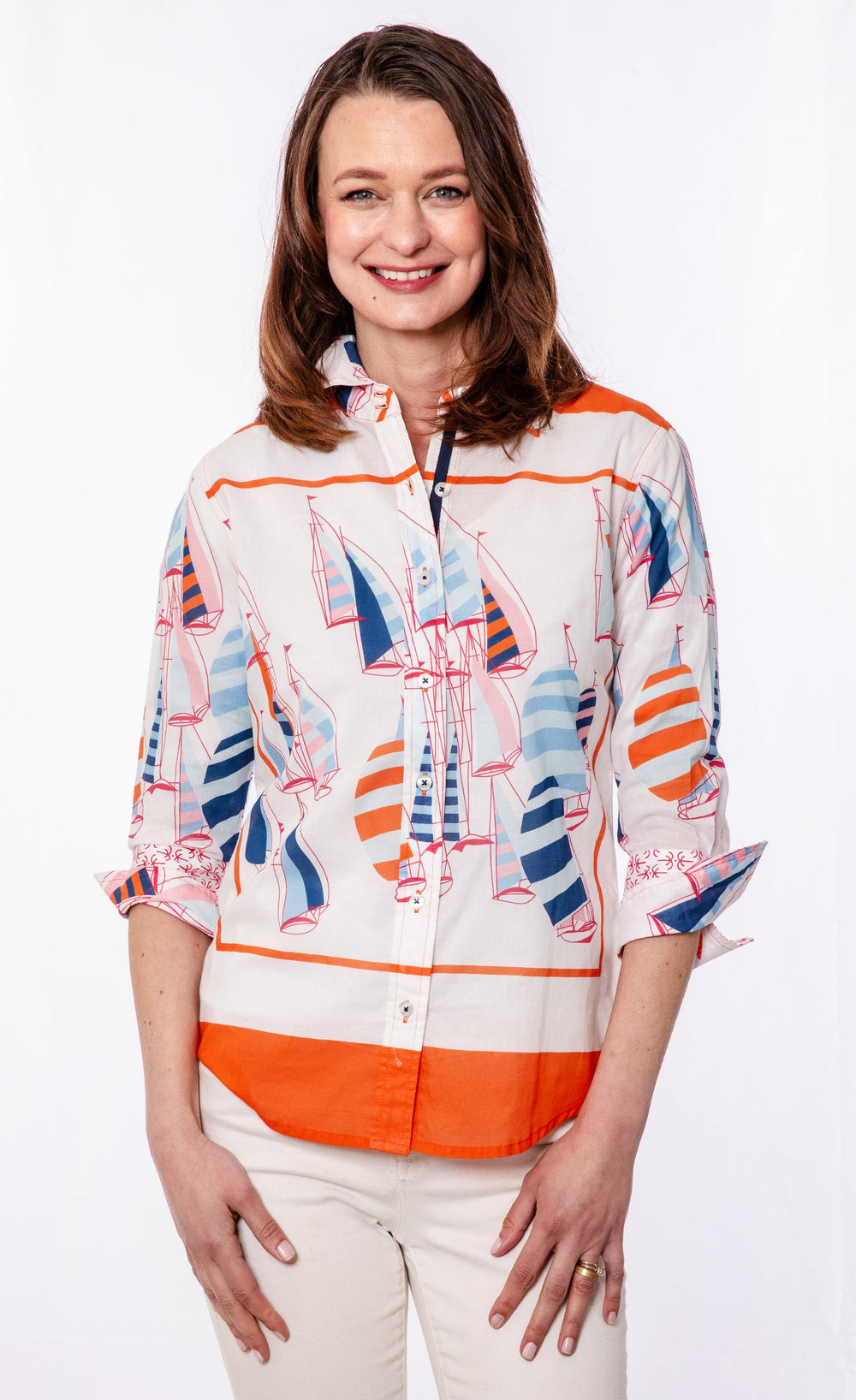 Dizzy-Lizzie Rome 3/4 Sleeve Shirt - Sailboats available at Barbara Katz