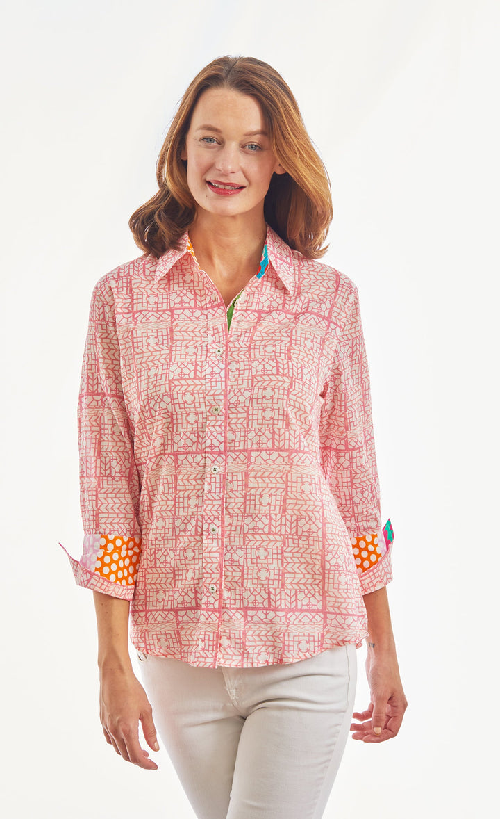Dizzy-Lizzie Rome 3/4 Sleeve Shirt - Pink Tiny Geometric Print available at Barbara Katz