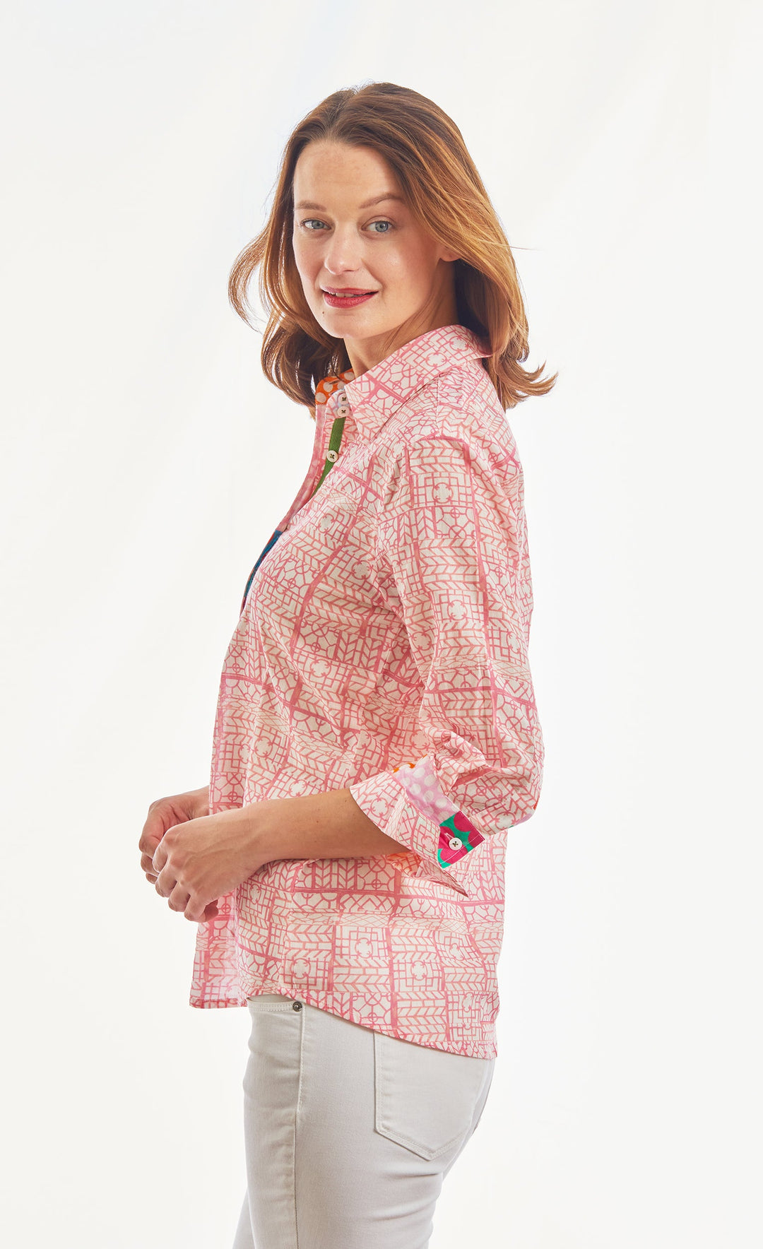 Dizzy-Lizzie Rome 3/4 Sleeve Shirt - Pink Tiny Geometric Print available at Barbara Katz