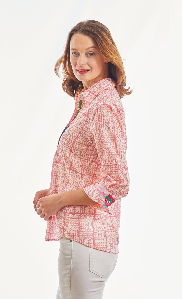 Dizzy-Lizzie Rome 3/4 Sleeve Shirt - Pink Tiny Geometric Print available at Barbara Katz