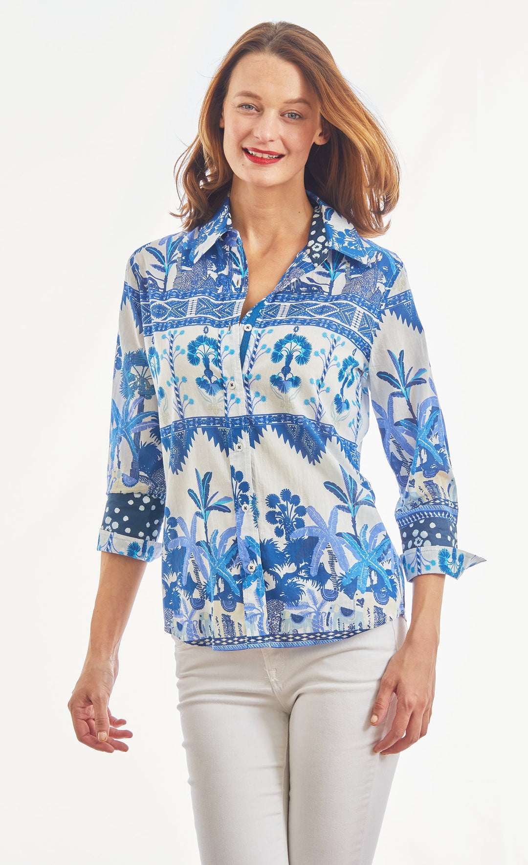 Dizzy-Lizzie Rome 3/4 Sleeve Shirt - Elephant Print Blues And White available at Barbara Katz