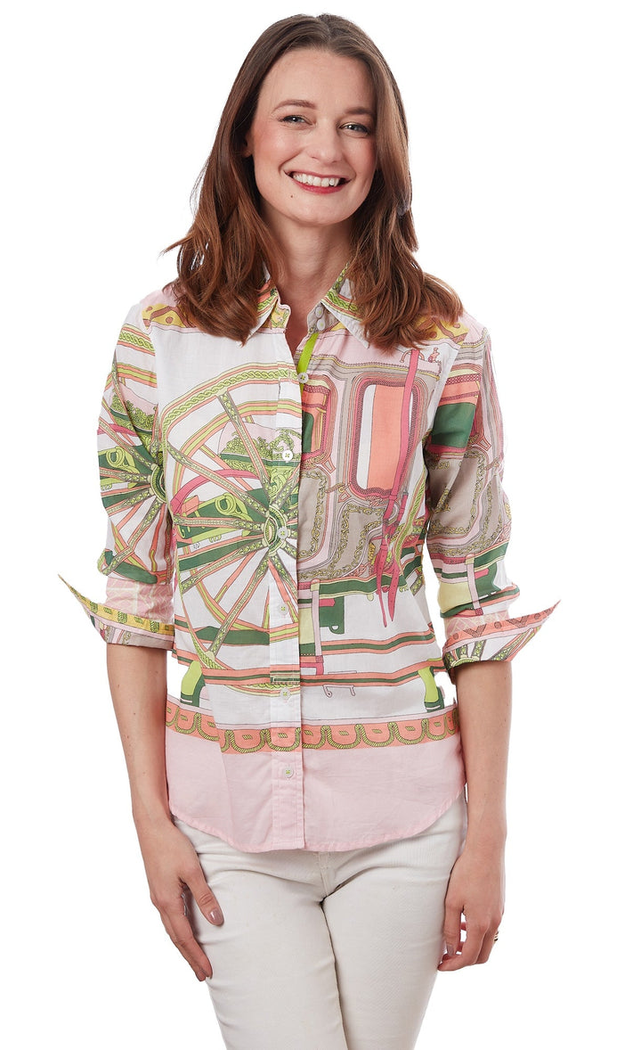 Dizzy-Lizzie Rome 3/4 Sleeve Shirt - Pink Wheel Print available at Barbara Katz