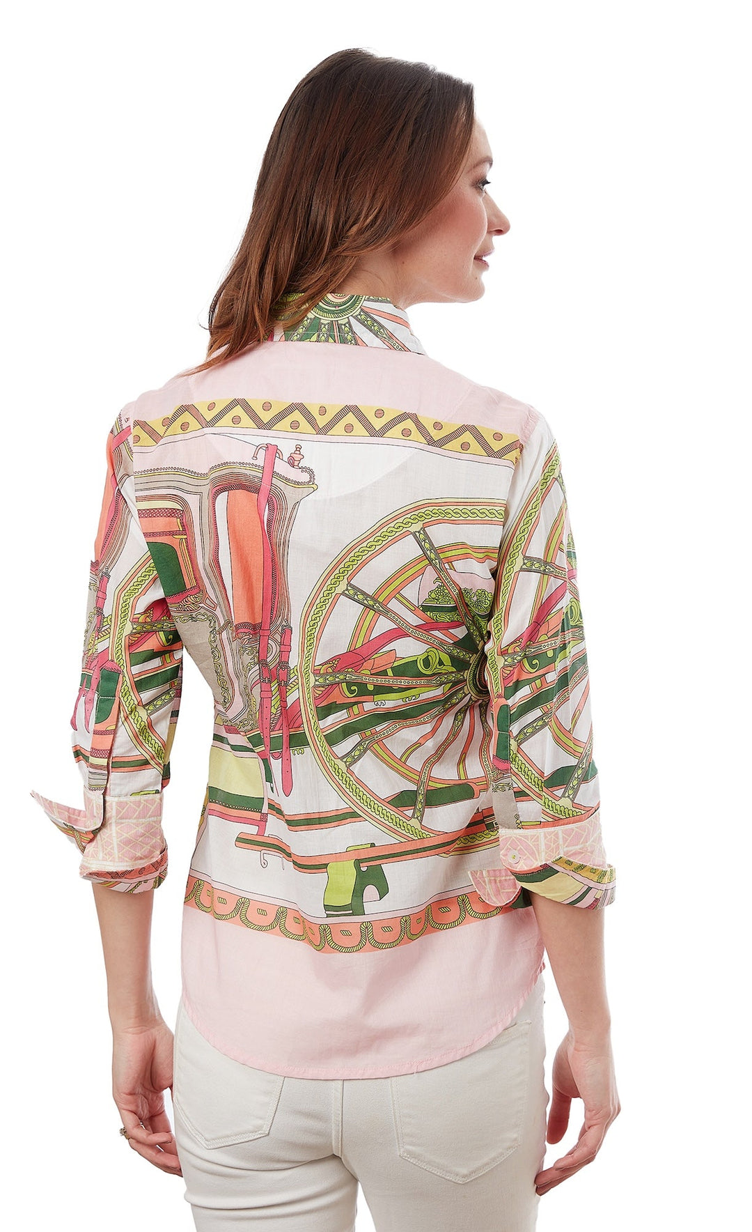 Dizzy-Lizzie Rome 3/4 Sleeve Shirt - Pink Wheel Print available at Barbara Katz