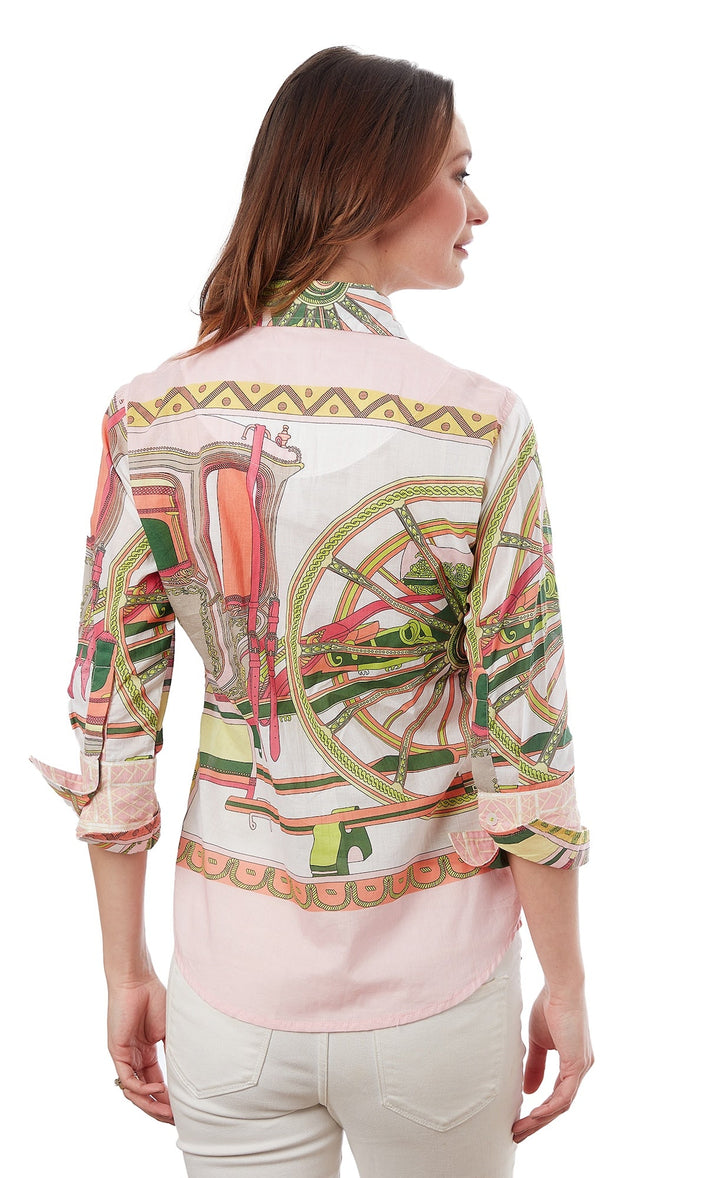 Dizzy-Lizzie Rome 3/4 Sleeve Shirt - Pink Wheel Print available at Barbara Katz