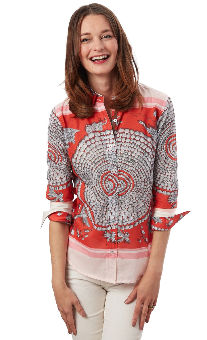 Dizzy-Lizzie Rome 3/4 Sleeve Shirt - Coral Print available at Barbara Katz