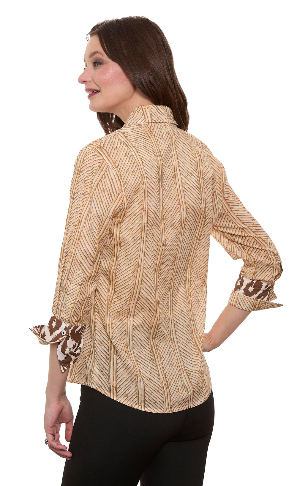 Dizzy-Lizzie Rome 3/4 Sleeve Shirt - Khaki White Wicker Print available at Barbara Katz