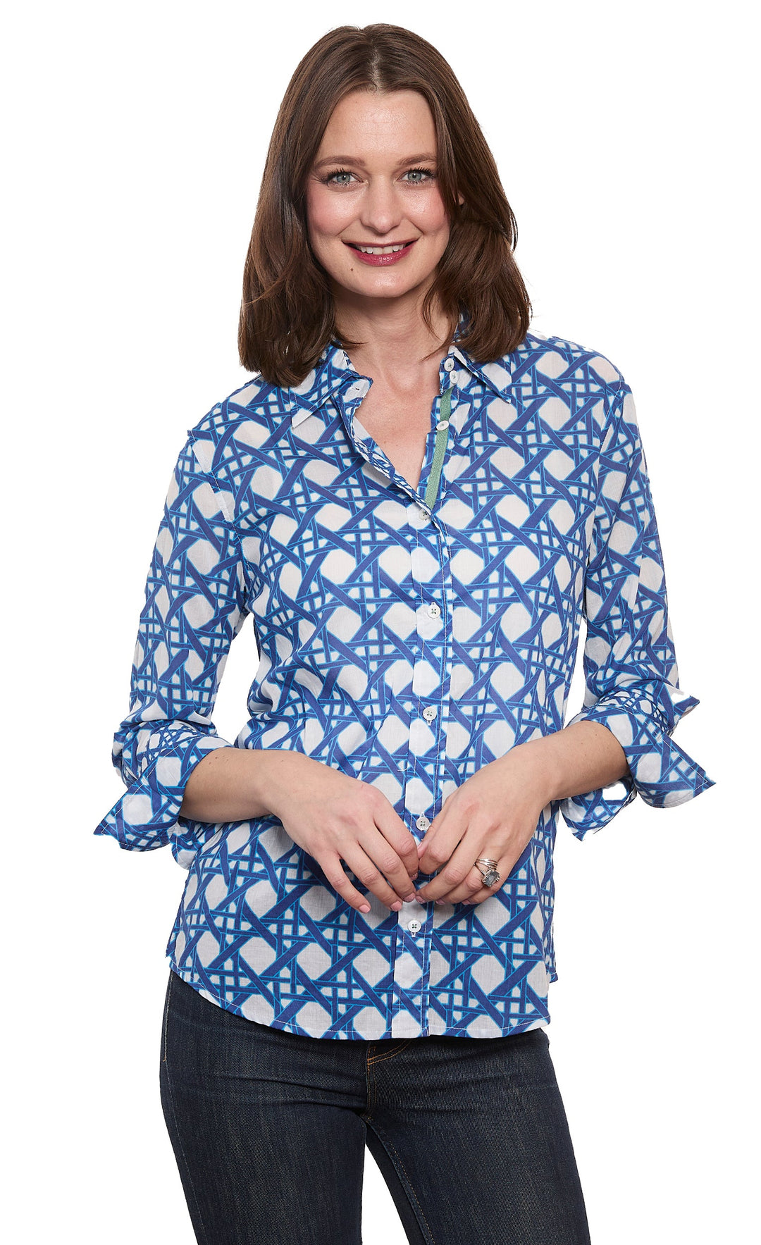 Dizzy-Lizzie Rome 3/4 Sleeve Shirt - Navy White Wicker Print available at Barbara Katz