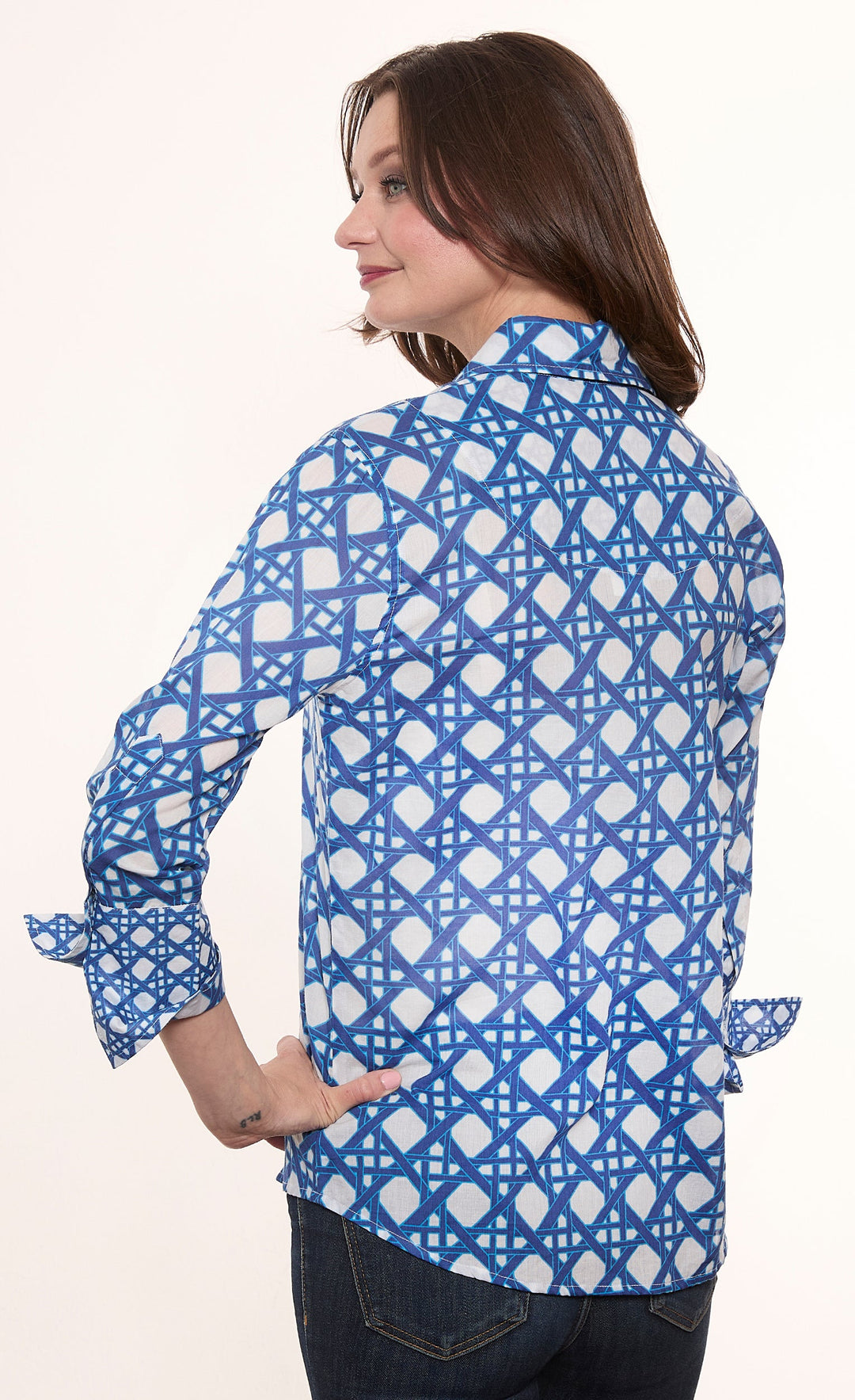 Dizzy-Lizzie Rome 3/4 Sleeve Shirt - Navy White Wicker Print available at Barbara Katz