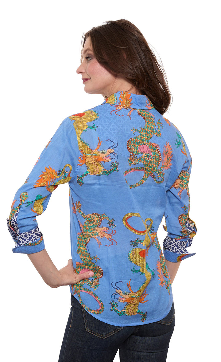 Dizzy-Lizzie Rome 3/4 Sleeve Shirt in French Blue Dragon Print available at Barbara Katz
