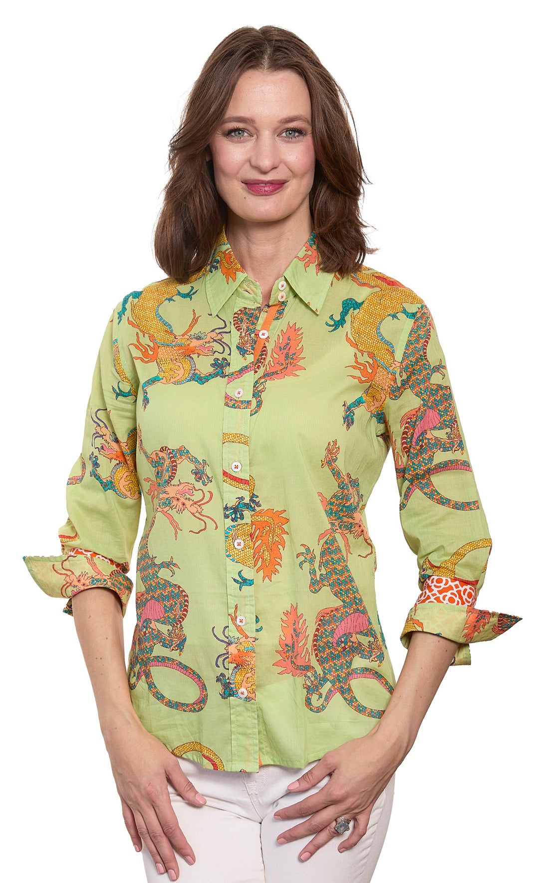 Dizzy-Lizzie Rome 3/4 Sleeve Shirt in Soft Green Dragon Print available at Barbara Katz