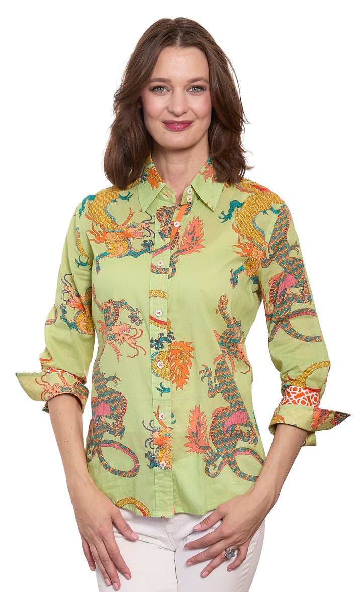 Dizzy-Lizzie Rome 3/4 Sleeve Shirt in Soft Green Dragon Print available at Barbara Katz