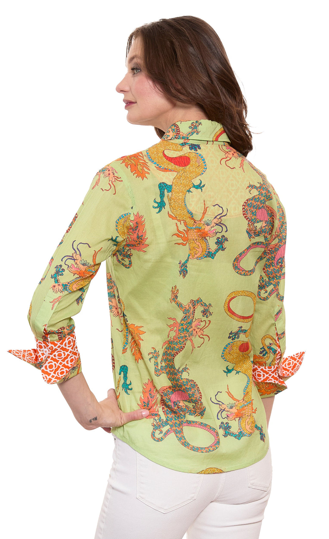 Dizzy-Lizzie Rome 3/4 Sleeve Shirt in Soft Green Dragon Print available at Barbara Katz
