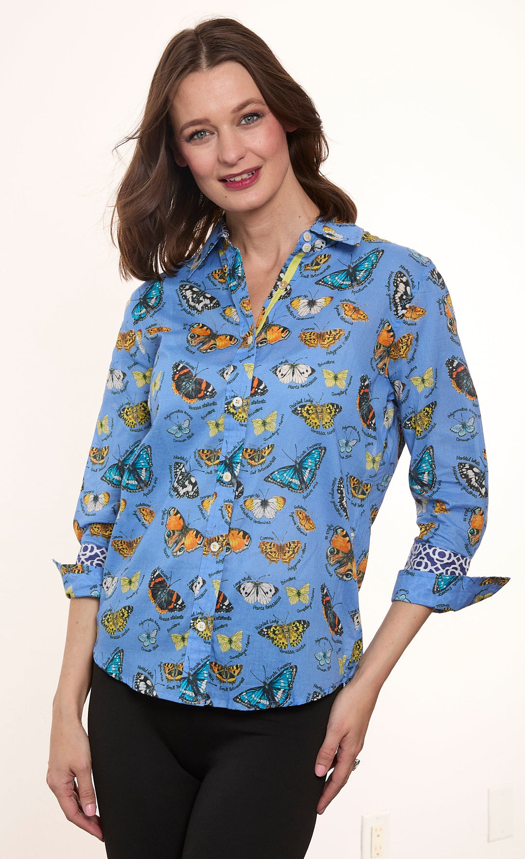 Dizzy-Lizzie Rome 3/4 Sleeve Shirt in Blue Ground Butterfly Print available at Barbara Katz