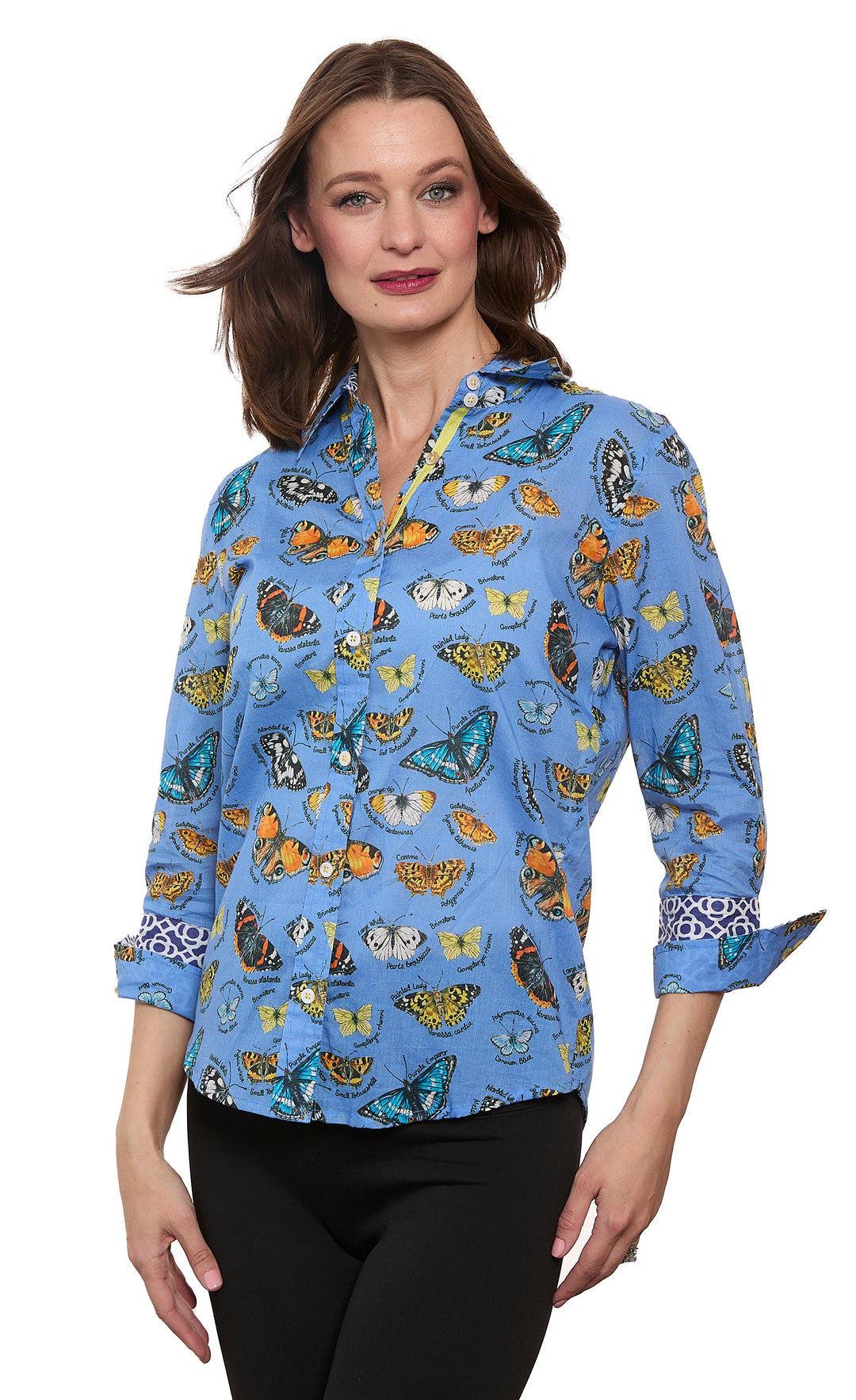 Dizzy-Lizzie Rome 3/4 Sleeve Shirt in Blue Ground Butterfly Print available at Barbara Katz