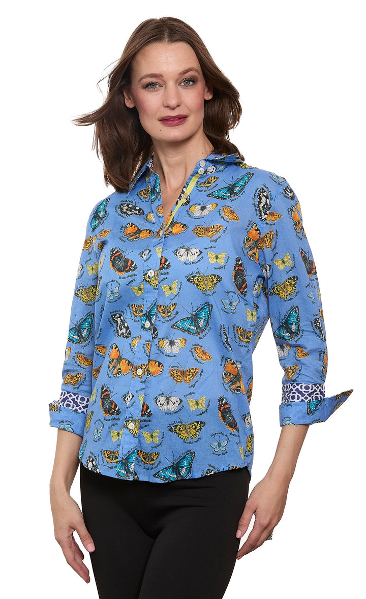Dizzy-Lizzie Rome 3/4 Sleeve Shirt in Blue Ground Butterfly Print available at Barbara Katz