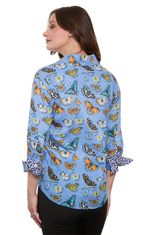 Dizzy-Lizzie Rome 3/4 Sleeve Shirt in Blue Ground Butterfly Print available at Barbara Katz