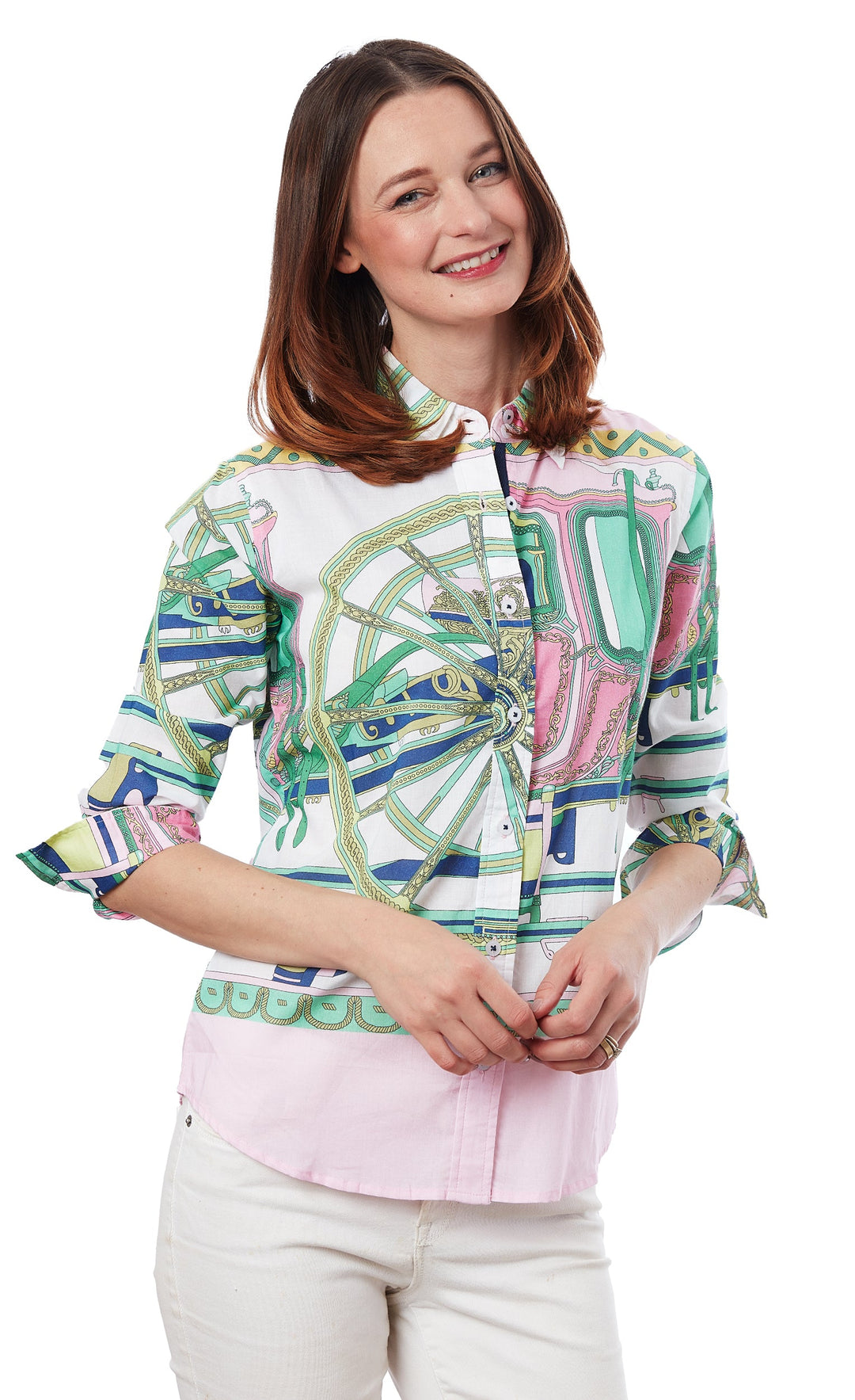 Dizzy-Lizzie Rome 3/4 Sleeve Shirt - Pink Wheel available at Barbara Katz