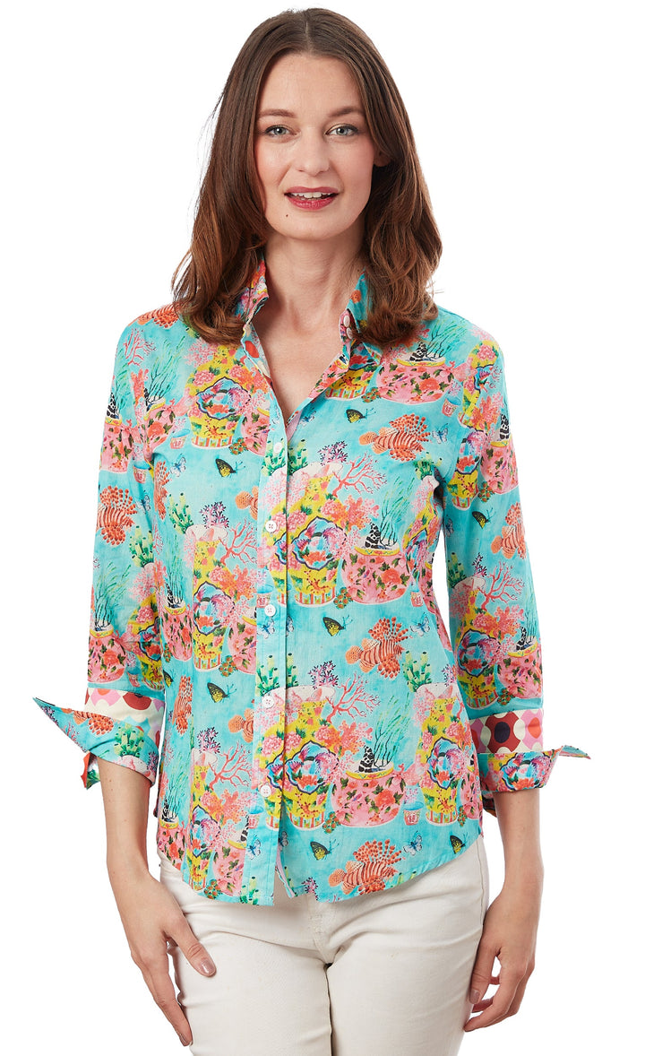 Dizzy-Lizzie Rome 3/4 Sleeve Shirt - Floral Dragon Print available at Barbara Katz
