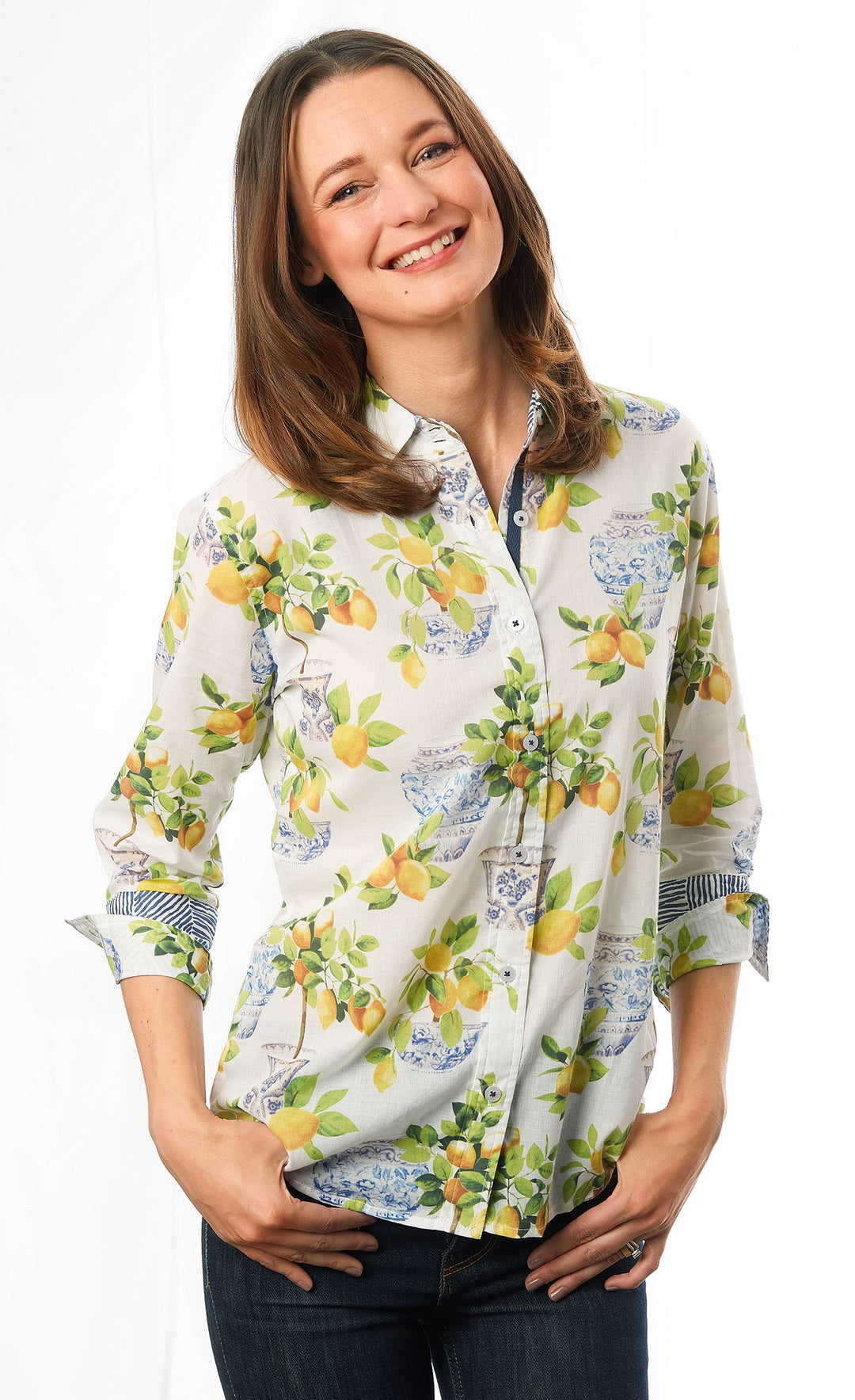 Dizzy-Lizzie Rome 3/4 Sleeve Shirt - Lemons And Chinoiserie available at Barbara Katz