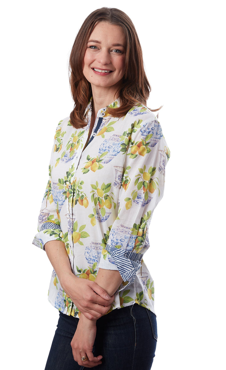 Dizzy-Lizzie Rome 3/4 Sleeve Shirt - Lemons And Chinoiserie available at Barbara Katz